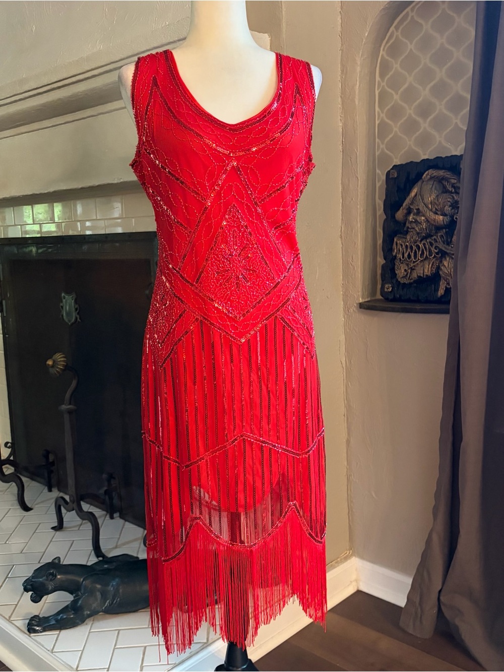 1920s Flapper Great Gatsby Dress Costume V-Neck Red Sequin Beaded Womens Size XL